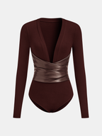V-Neck Bodysuit with Faux Leather Wrap Waist