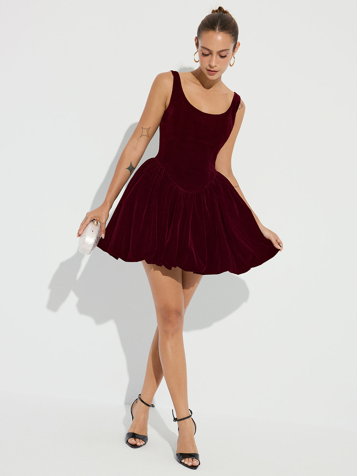 Velvet Mini Dress with Bubble Hem and Straps