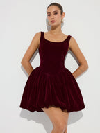 Velvet Mini Dress with Bubble Hem and Straps