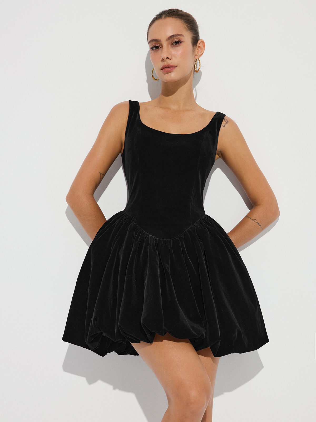 Velvet Mini Dress with Bubble Hem and Straps