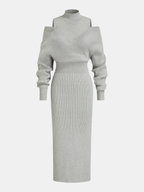 Off-Shoulder Ribbed Midi Dress with Waist Definition