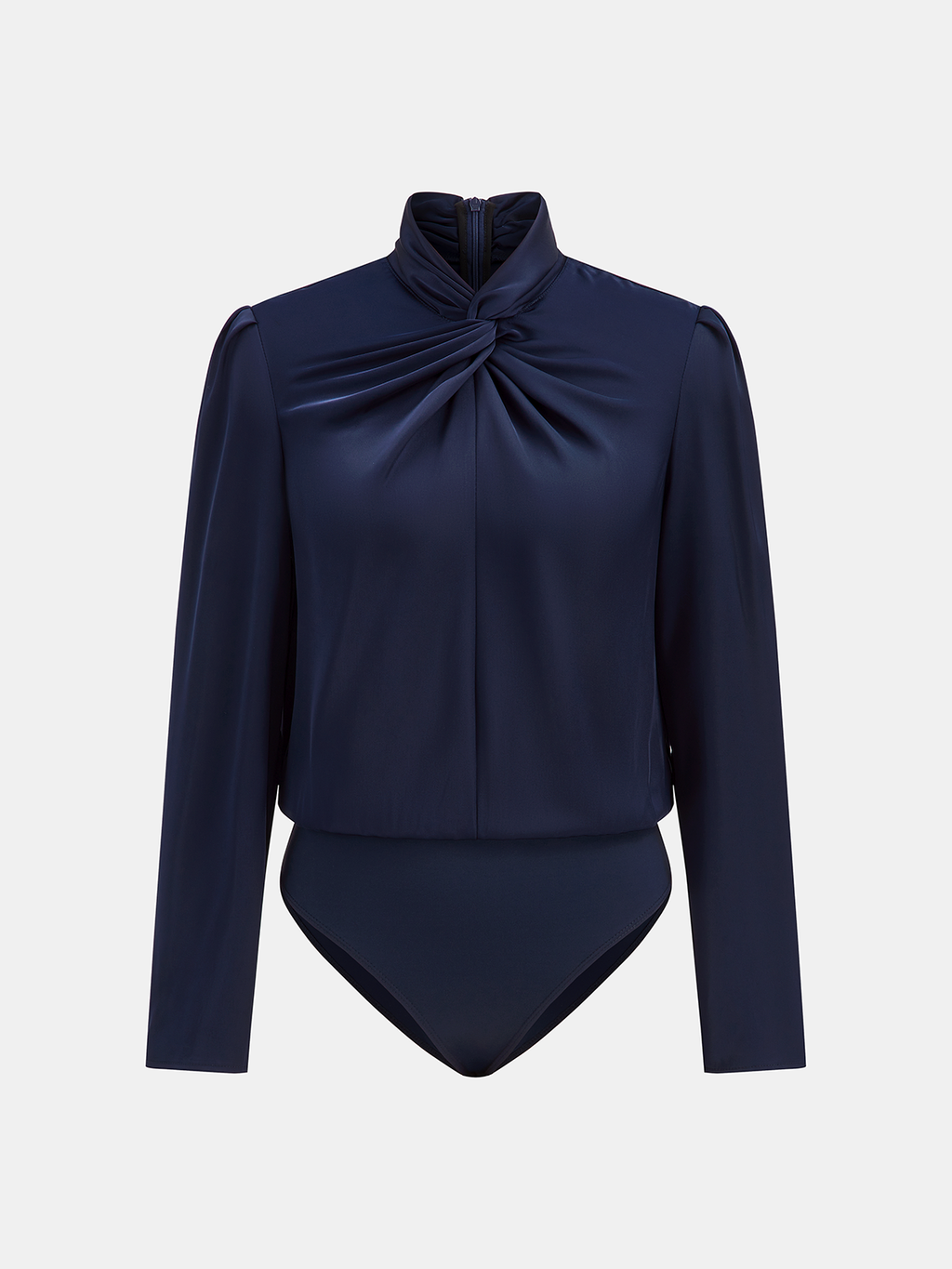 Mock Neck Twisted Front Satin Long-Sleeve Bodysuit