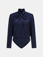 Mock Neck Twisted Front Satin Long-Sleeve Bodysuit
