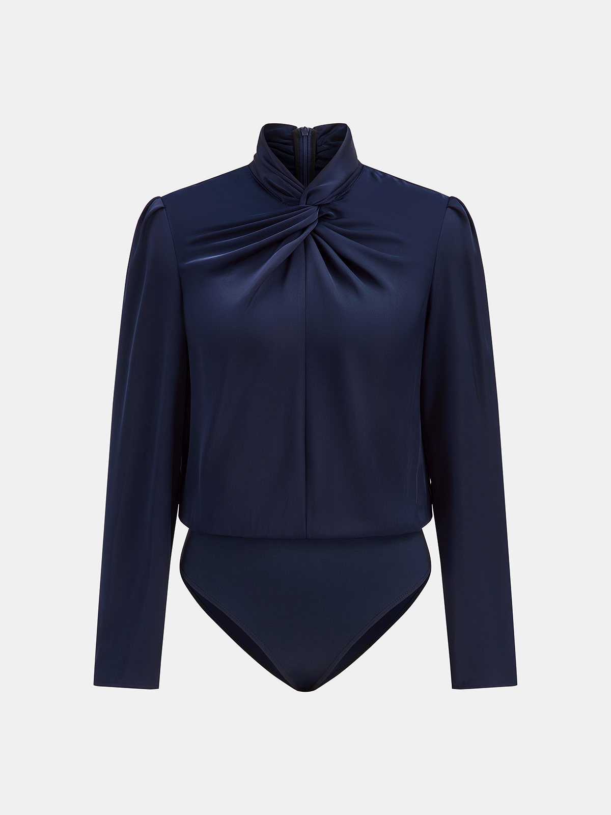 Mock Neck Twisted Front Satin Long-Sleeve Bodysuit