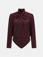 Mock Neck Twisted Front Satin Long-Sleeve Bodysuit