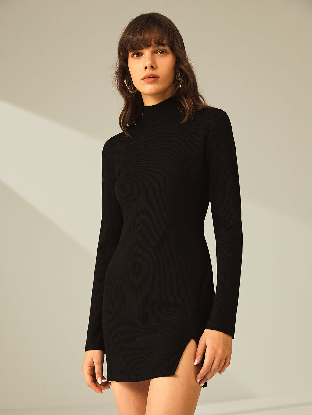 Ribbed Turtleneck Mini Dress with Long Sleeves and Slit