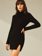 Ribbed Turtleneck Mini Dress with Long Sleeves and Slit