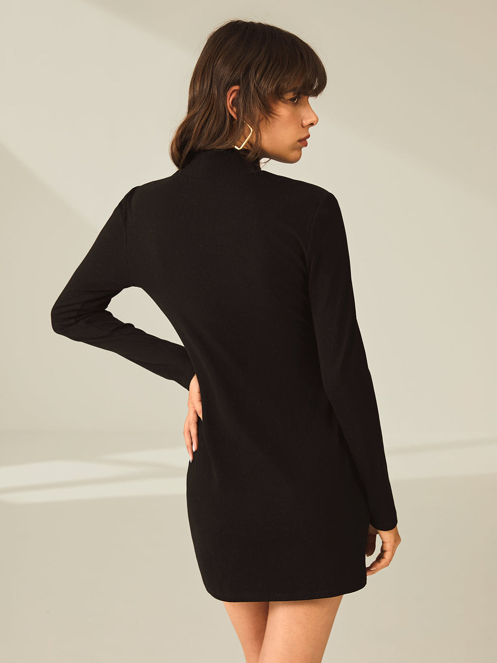 Ribbed Turtleneck Mini Dress with Long Sleeves and Slit