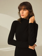 Ribbed Turtleneck Mini Dress with Long Sleeves and Slit