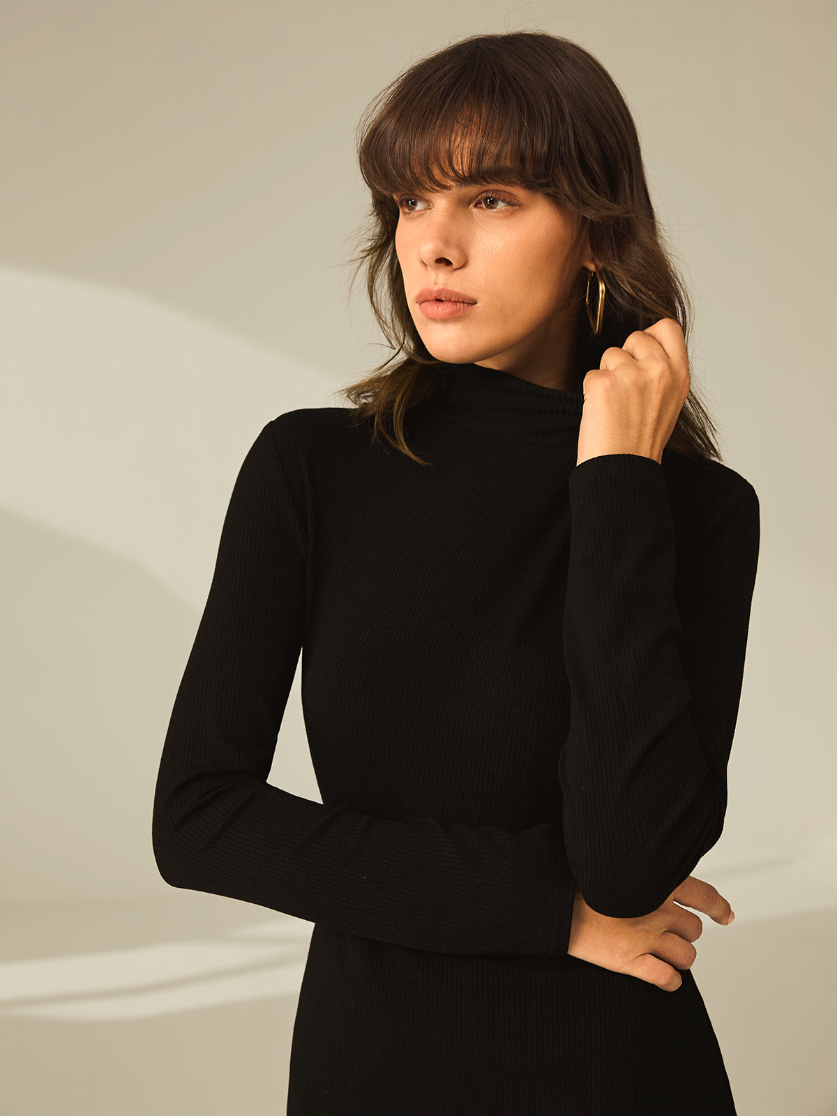 Ribbed Turtleneck Mini Dress with Long Sleeves and Slit