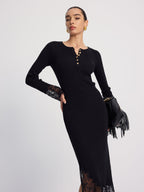 Ribbed Knit Midi Dress with Lace Trim Detail