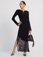 Ribbed Knit Midi Dress with Lace Trim Detail