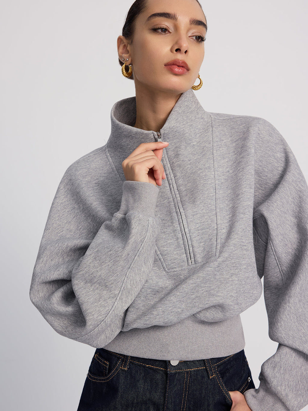 Half-Zip Cropped Sweatshirt in Oversized Fit