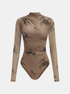 Gradient Ruched Long Sleeve Bodysuits with Print Design