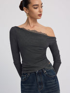 Lace-Topped Off-Shoulder Long-Sleeve Blouse