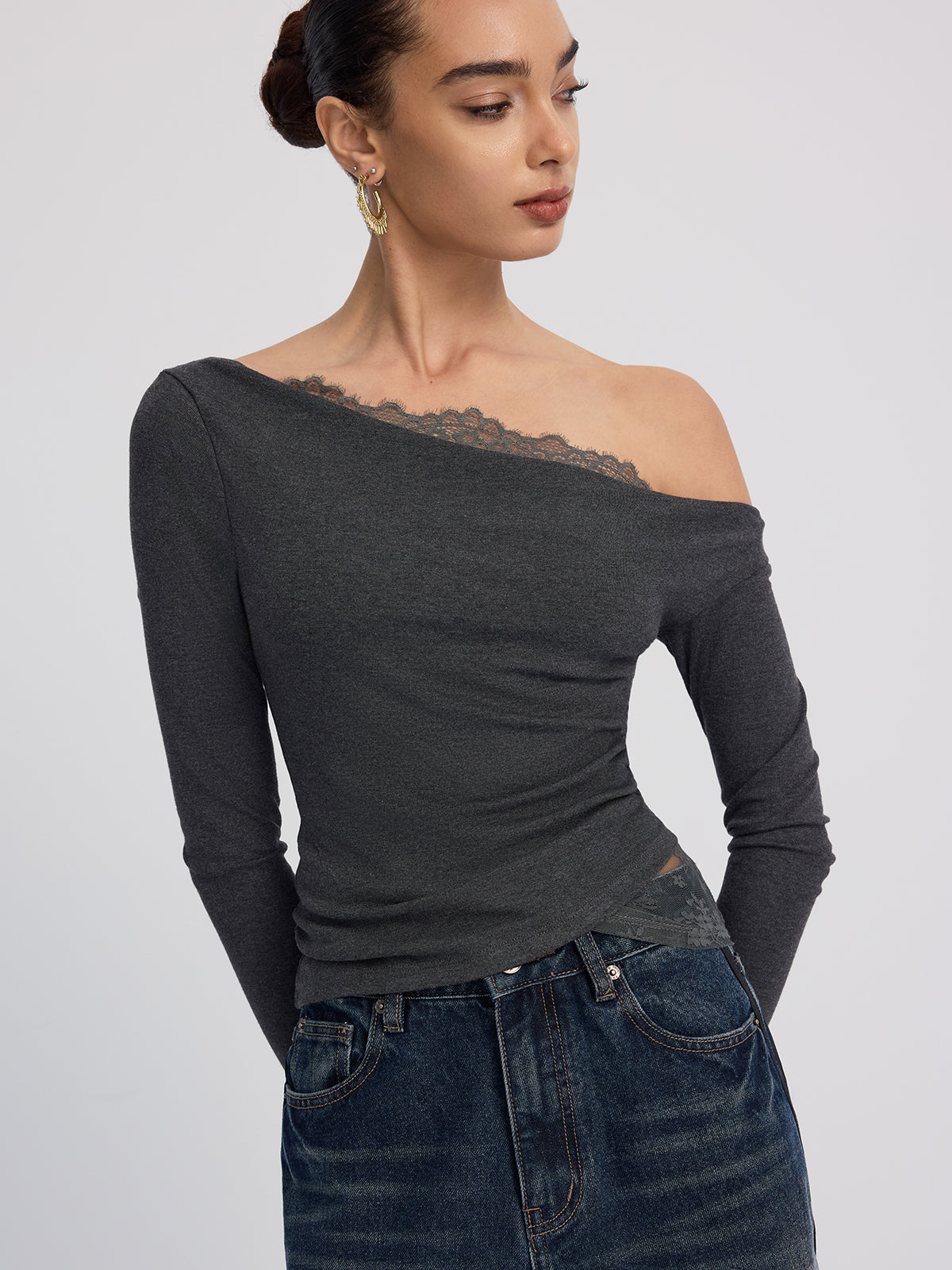 Lace-Topped Off-Shoulder Long-Sleeve Blouse