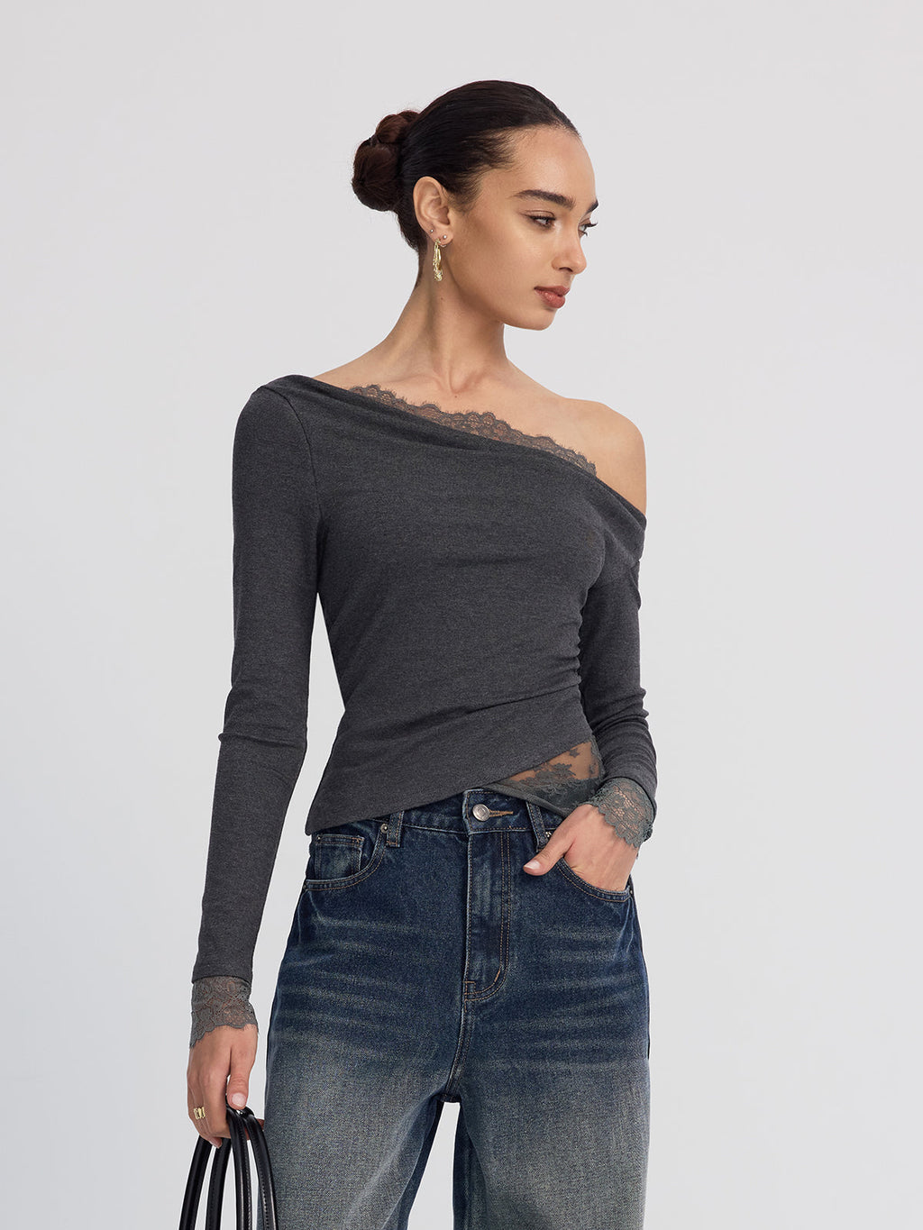 Lace-Topped Off-Shoulder Long-Sleeve Blouse