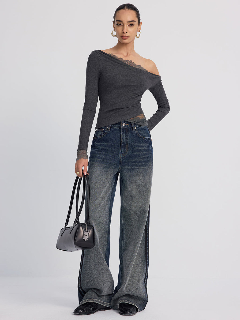 Lace-Topped Off-Shoulder Long-Sleeve Blouse