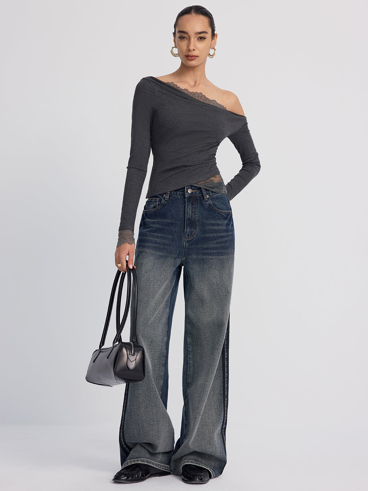 Lace-Topped Off-Shoulder Long-Sleeve Blouse