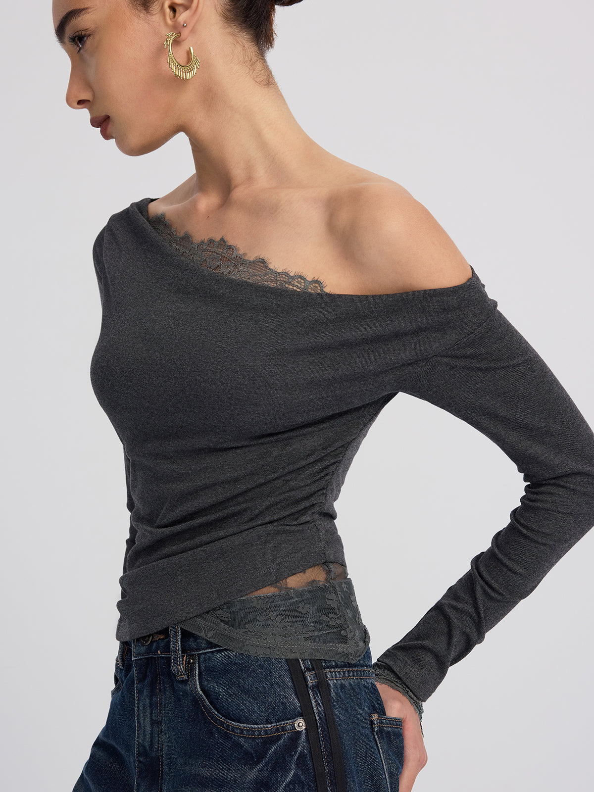 Lace-Topped Off-Shoulder Long-Sleeve Blouse