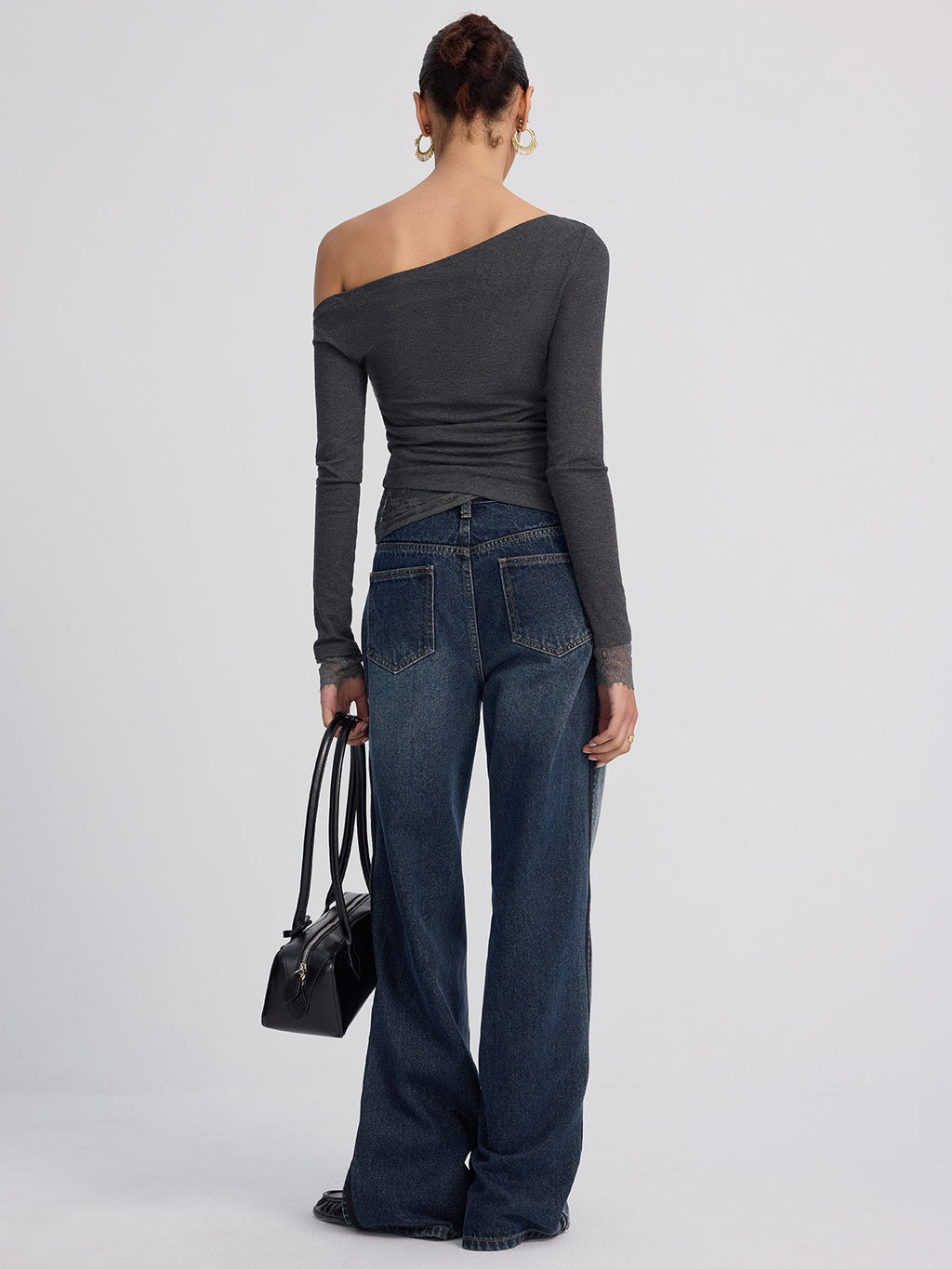 Lace-Topped Off-Shoulder Long-Sleeve Blouse