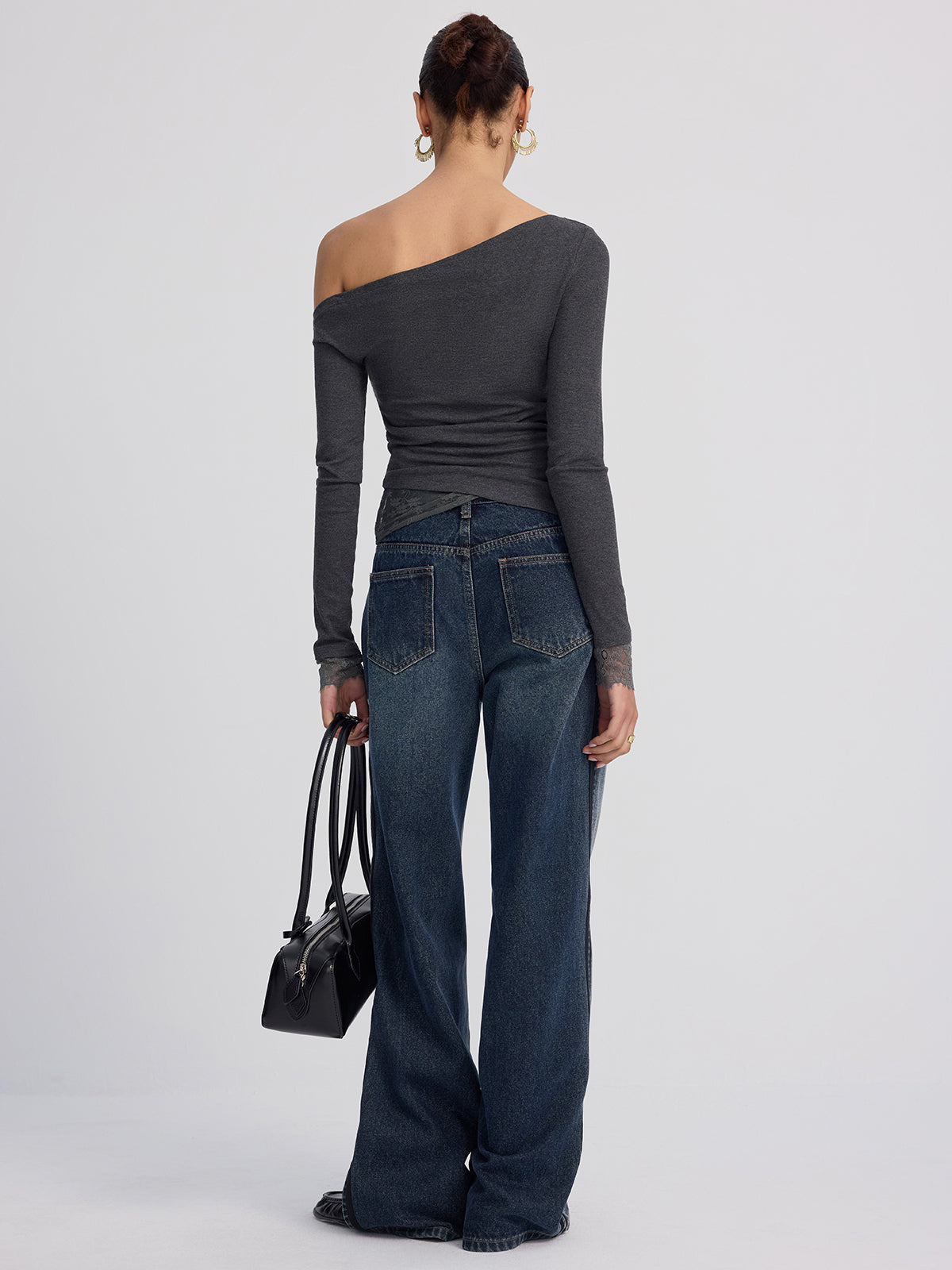 Lace-Topped Off-Shoulder Long-Sleeve Blouse