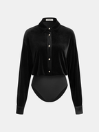 Velvet Bodysuit with Collar and Button Front Detail