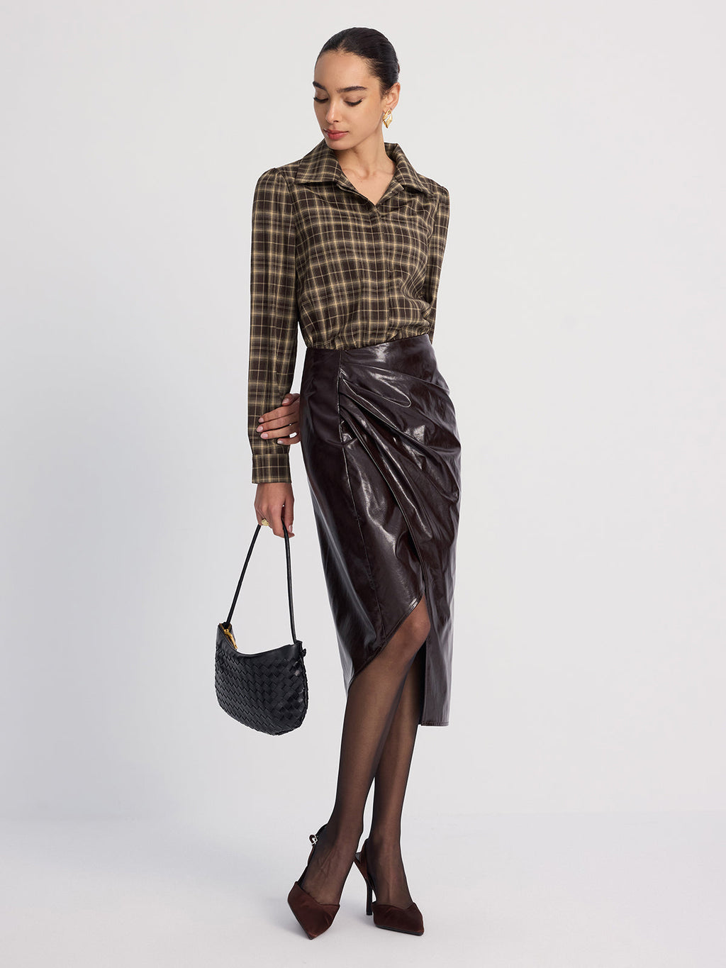 Plaid Bodysuit with Collar and Puff Sleeves