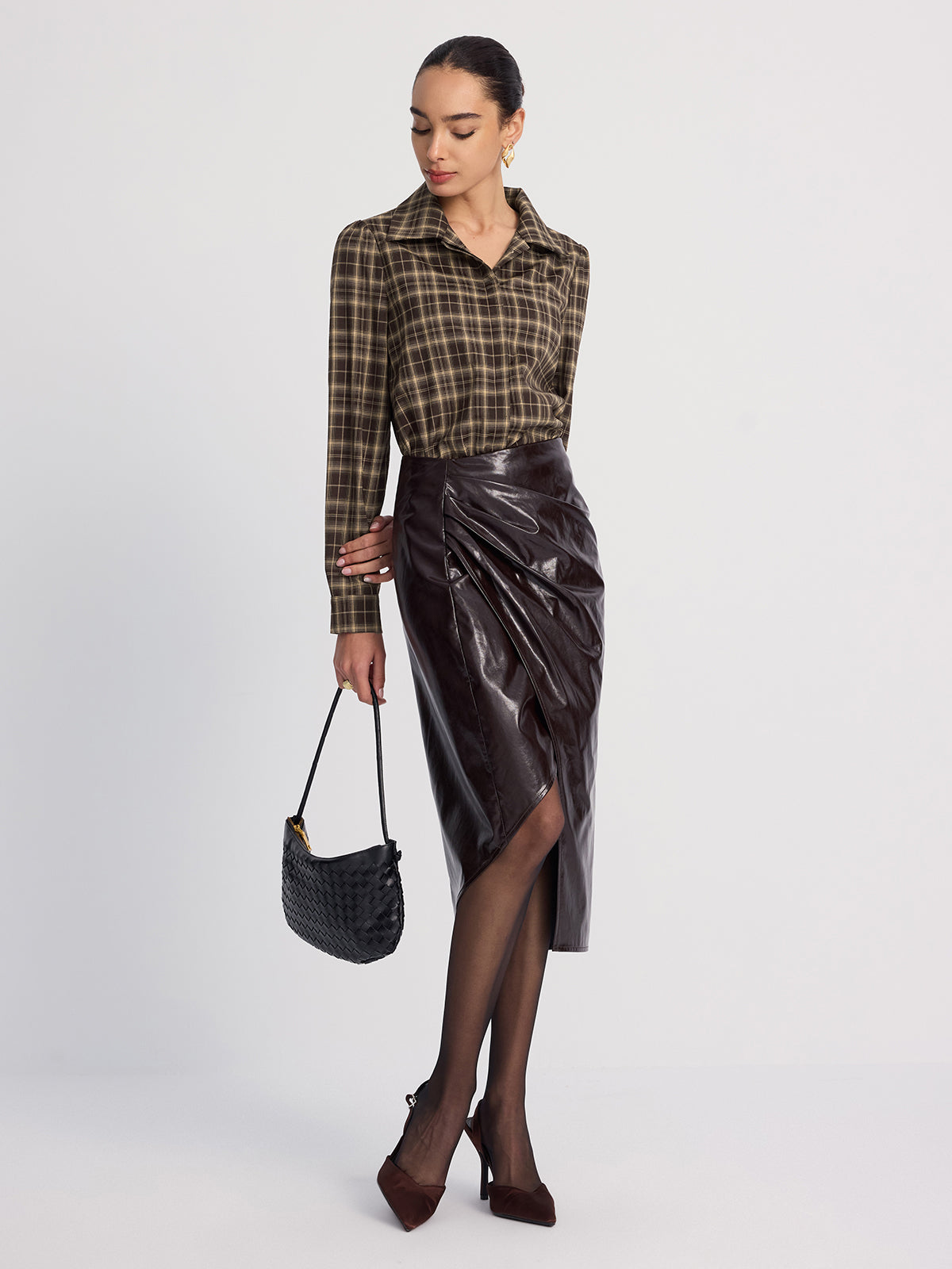 Plaid Bodysuit with Collar and Puff Sleeves