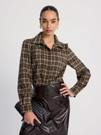 Plaid Bodysuit with Collar and Puff Sleeves
