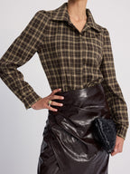 Plaid Bodysuit with Collar and Puff Sleeves