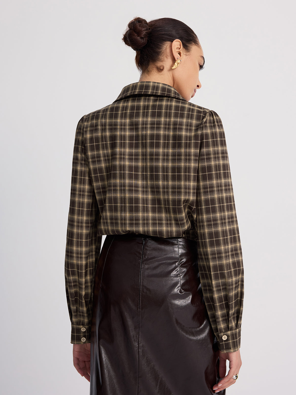 Plaid Bodysuit with Collar and Puff Sleeves