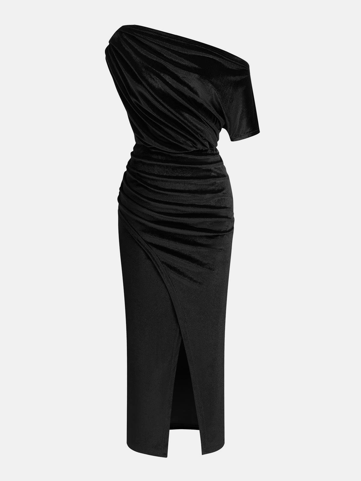 Elegant One-Shoulder Velvet Dress with Ruched Detailing