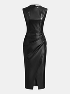 Faux Leather Midi Dress with Elegant Side Slit