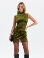 Velvet Mini Dress with Lace Trim and Ruching