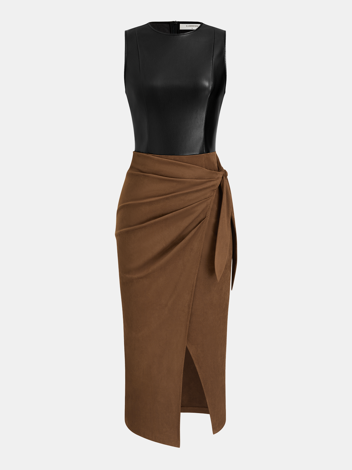 Tie-Waist Dress with Faux Leather Panels and Slit