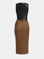 Faux Leather Accent Dress with Tie Waist and Slit