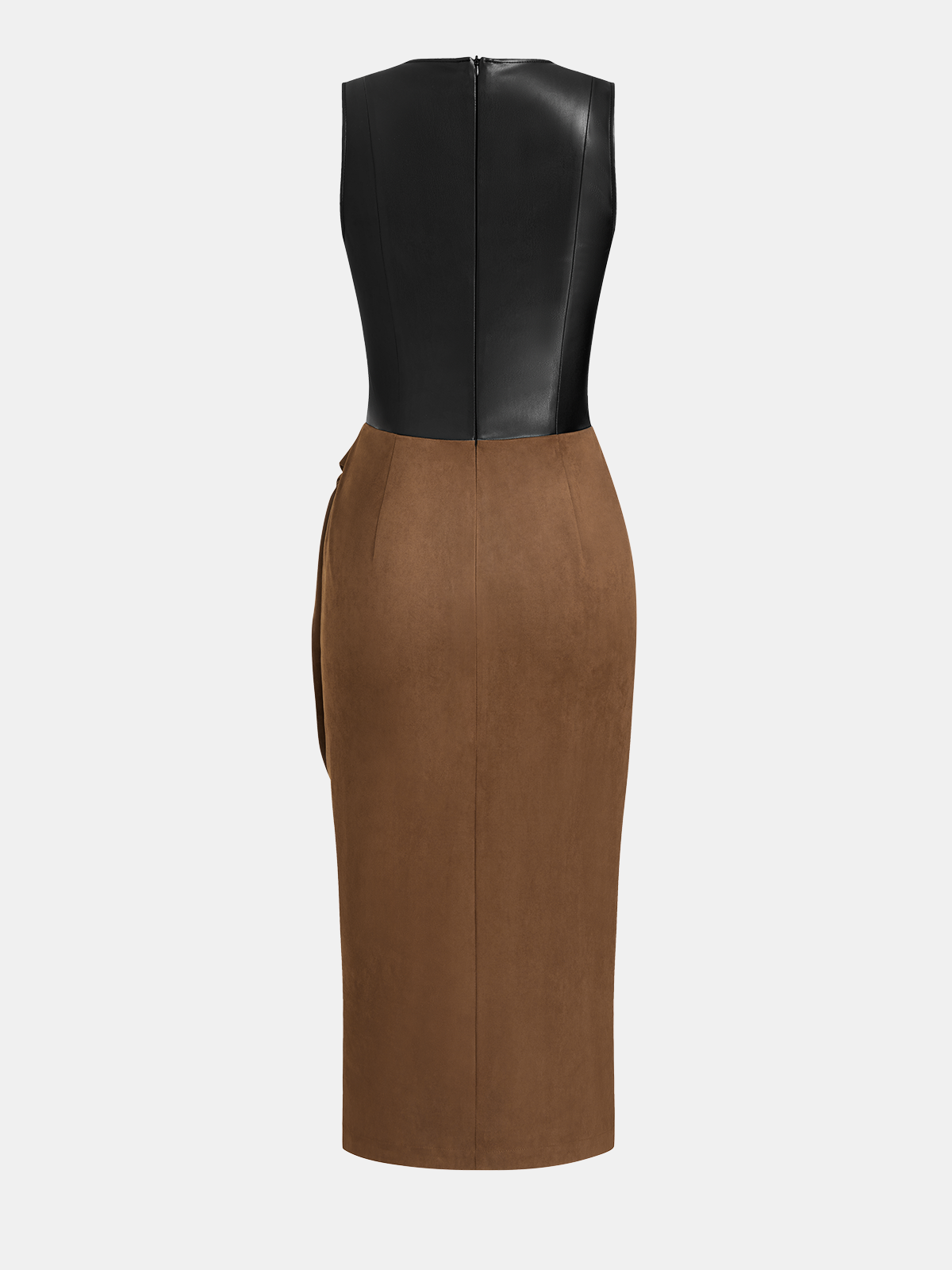 Faux Leather Accent Dress with Tie Waist and Slit