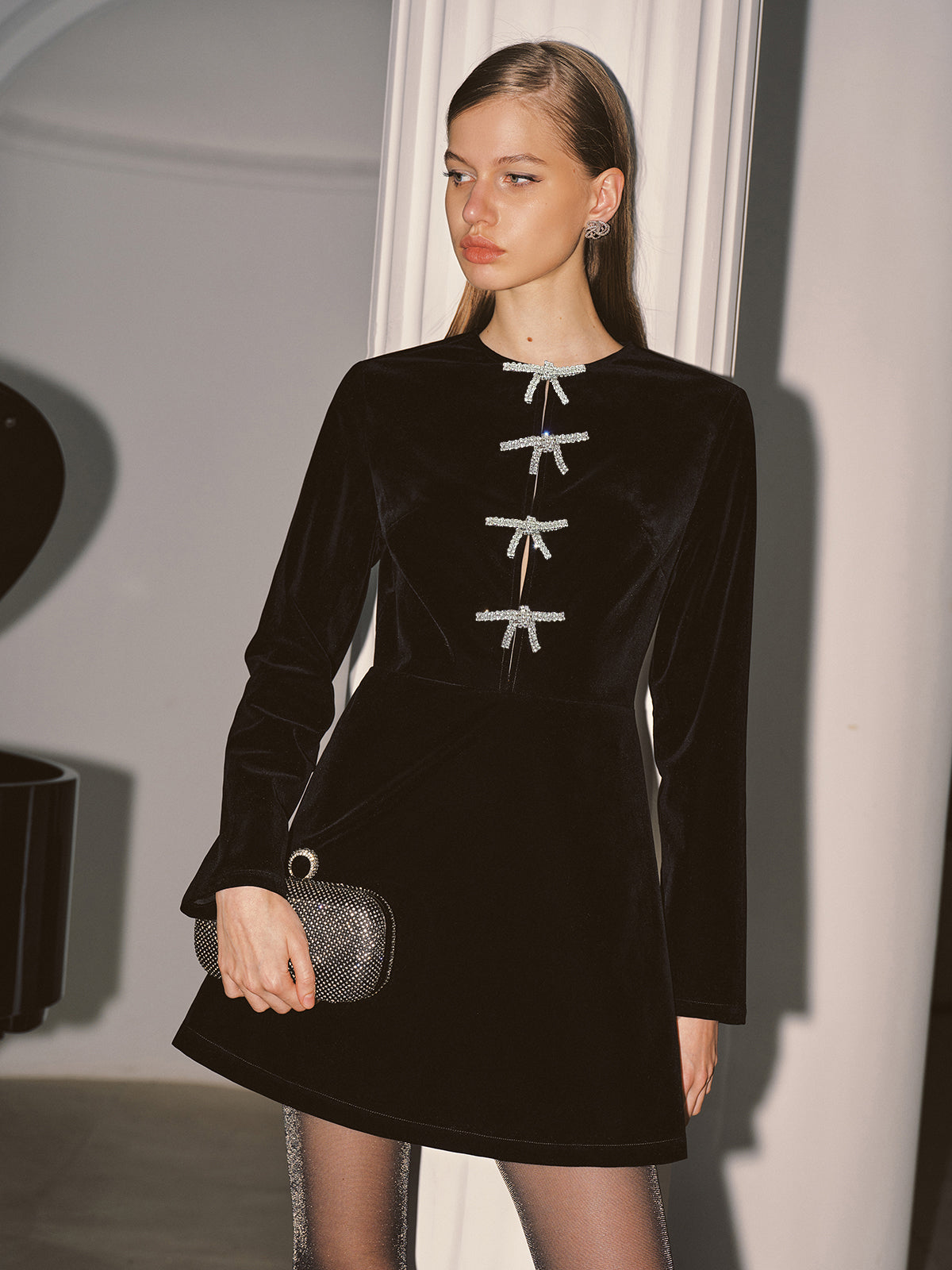 Velvet Mini Dress with Crystal Bow Detail