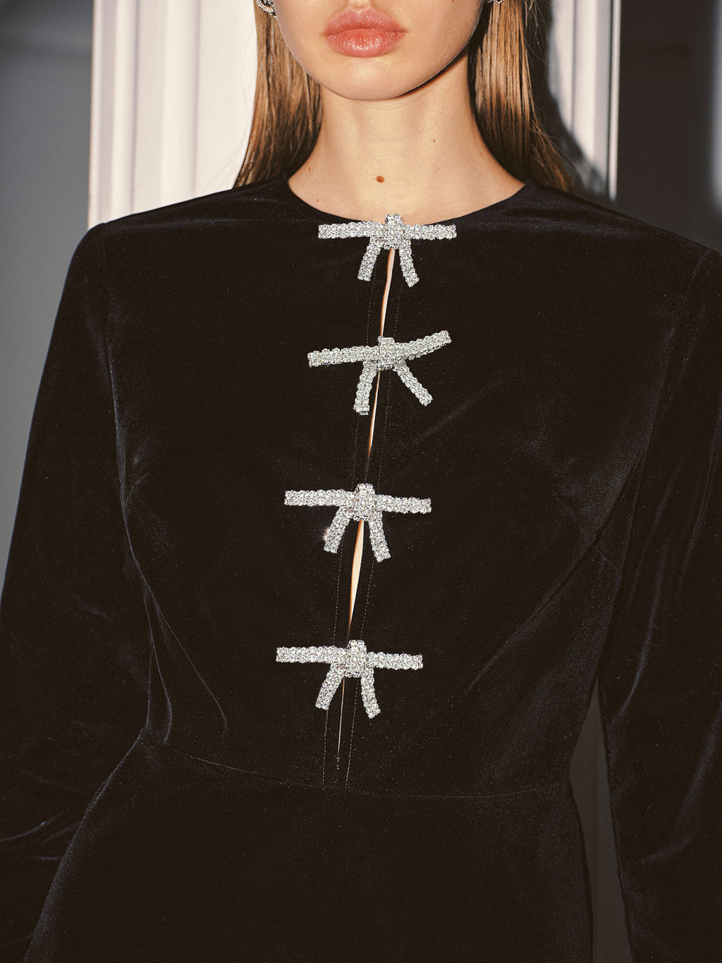 Velvet Mini Dress with Crystal Bow Detail