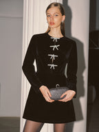 Velvet Mini Dress with Crystal Bow Detail