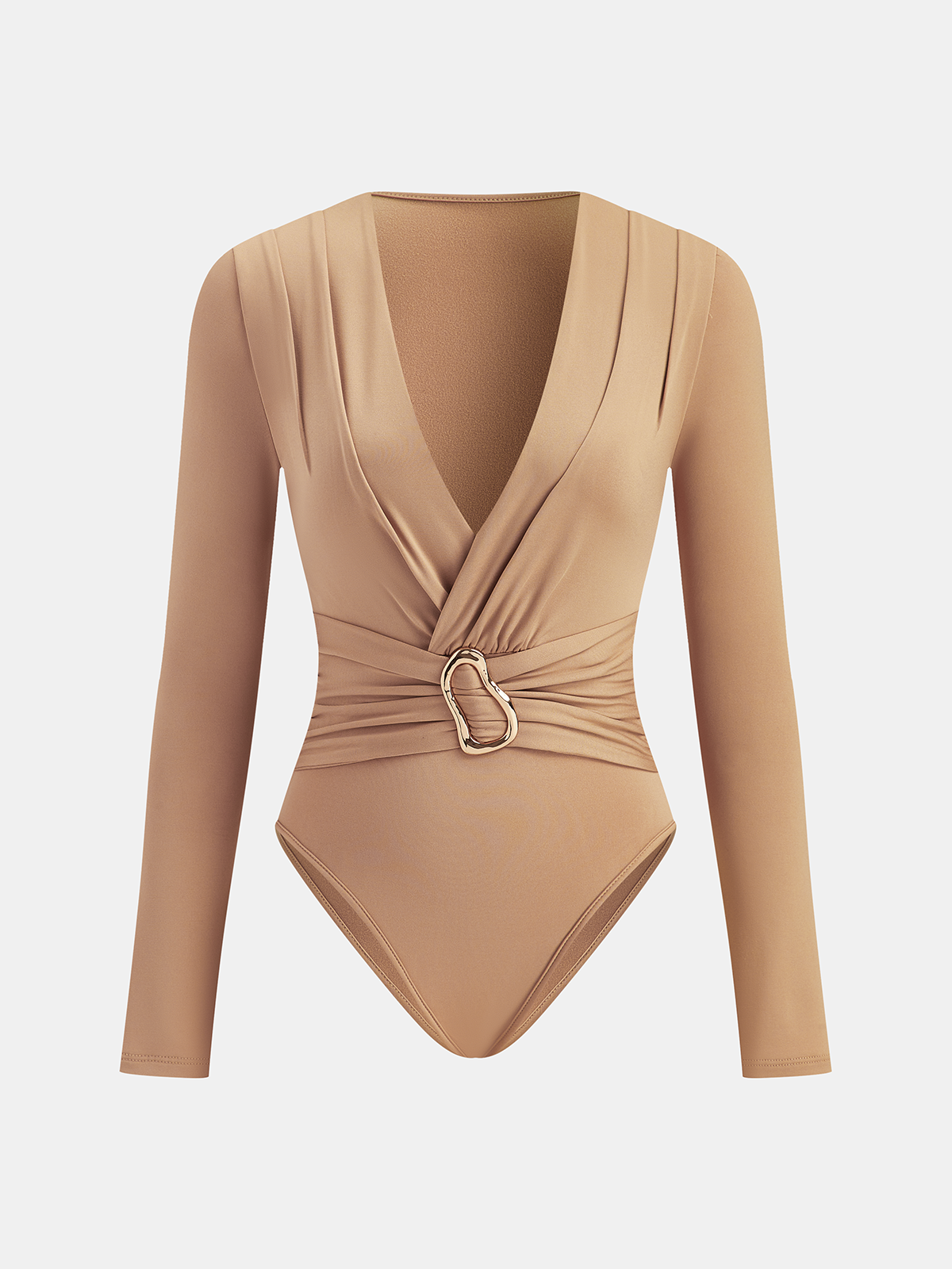 Deep V-Neck Bodysuit with Buckle and Long Sleeves