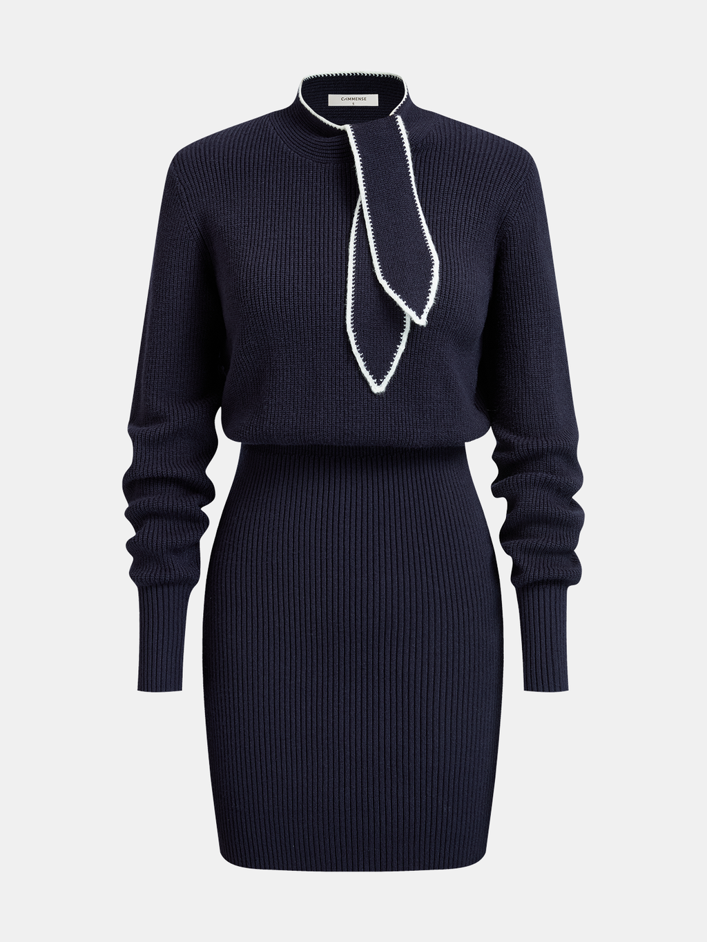 Contrast Trim Tie-Neck Midi Dress in Knit Fabric