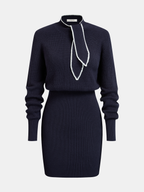 Contrast Trim Tie-Neck Midi Dress in Knit Fabric