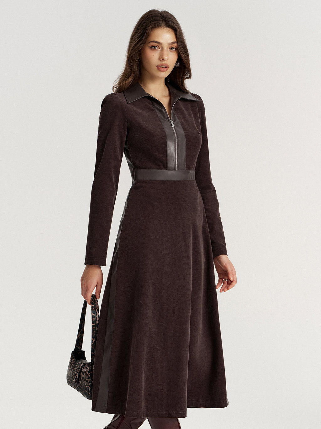 Corduroy Midi Dress with Faux Leather Detail