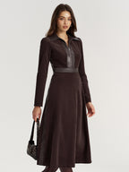 Corduroy Midi Dress with Faux Leather Detail