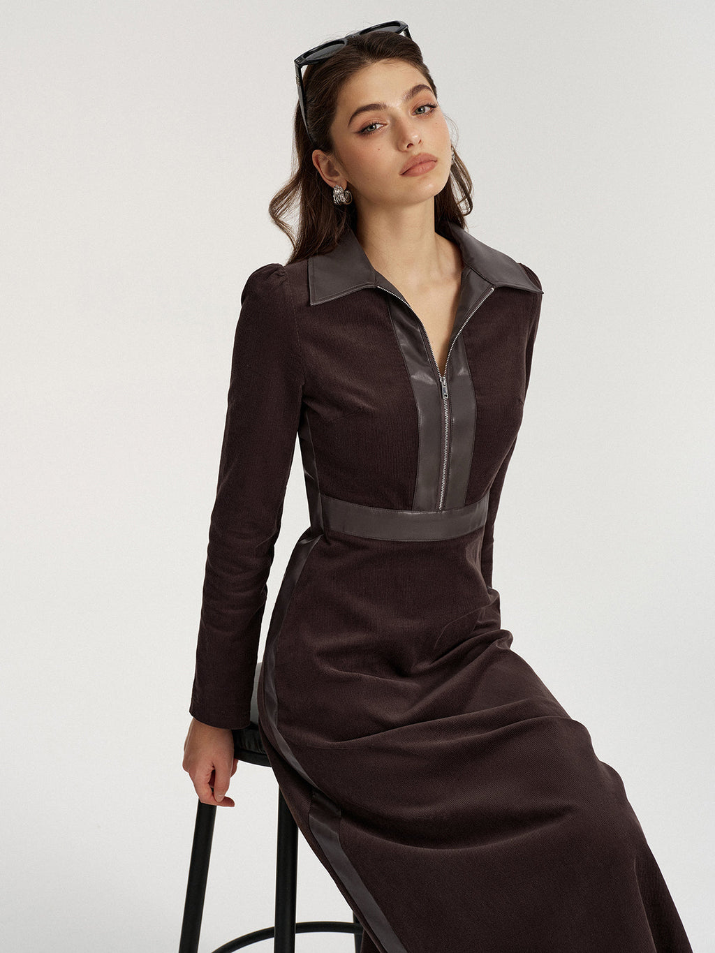 Corduroy Midi Dress with Faux Leather Detail