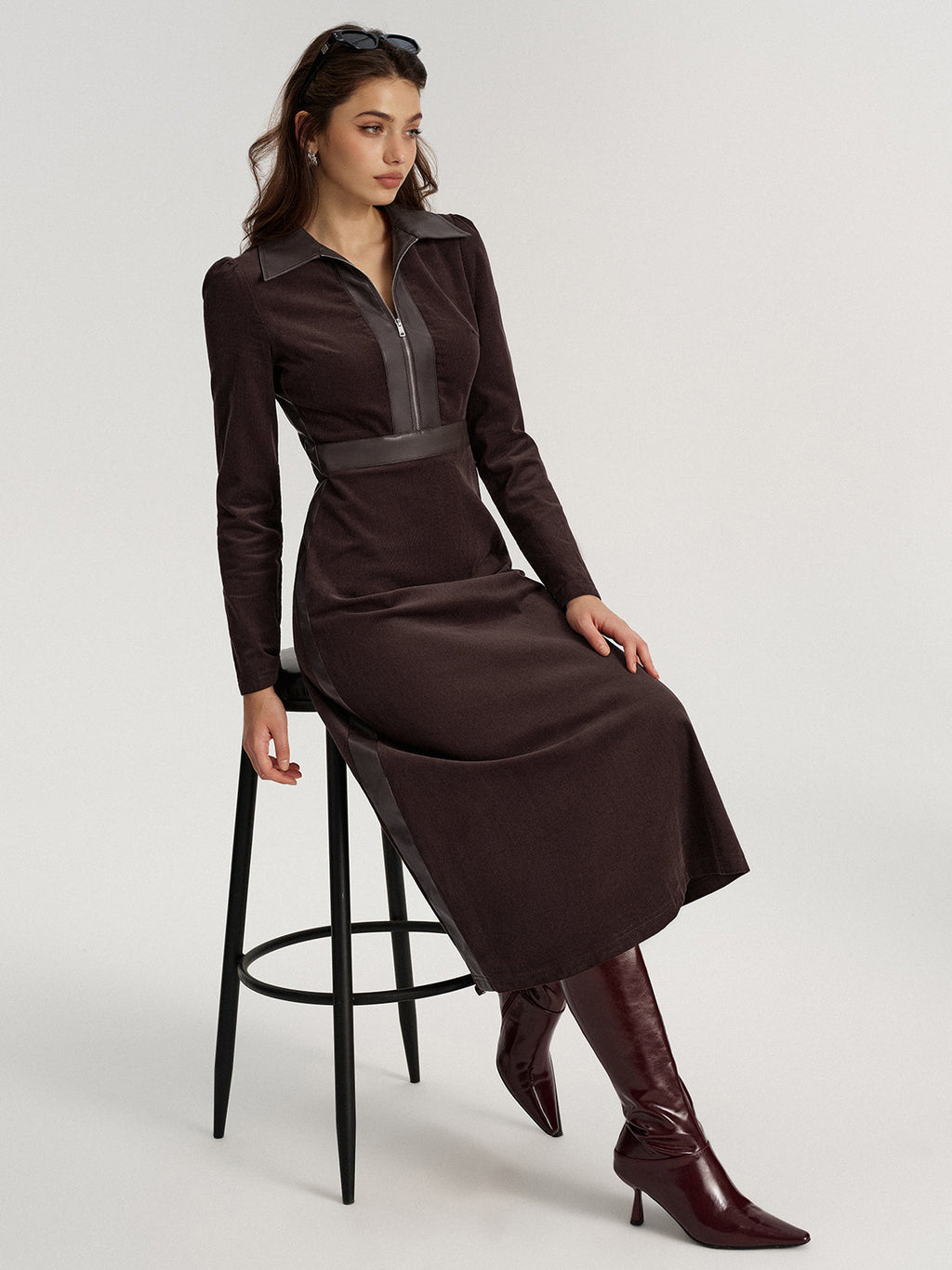 Corduroy Midi Dress with Faux Leather Detail
