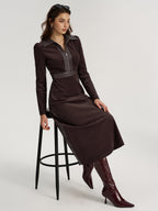 Corduroy Midi Dress with Faux Leather Detail