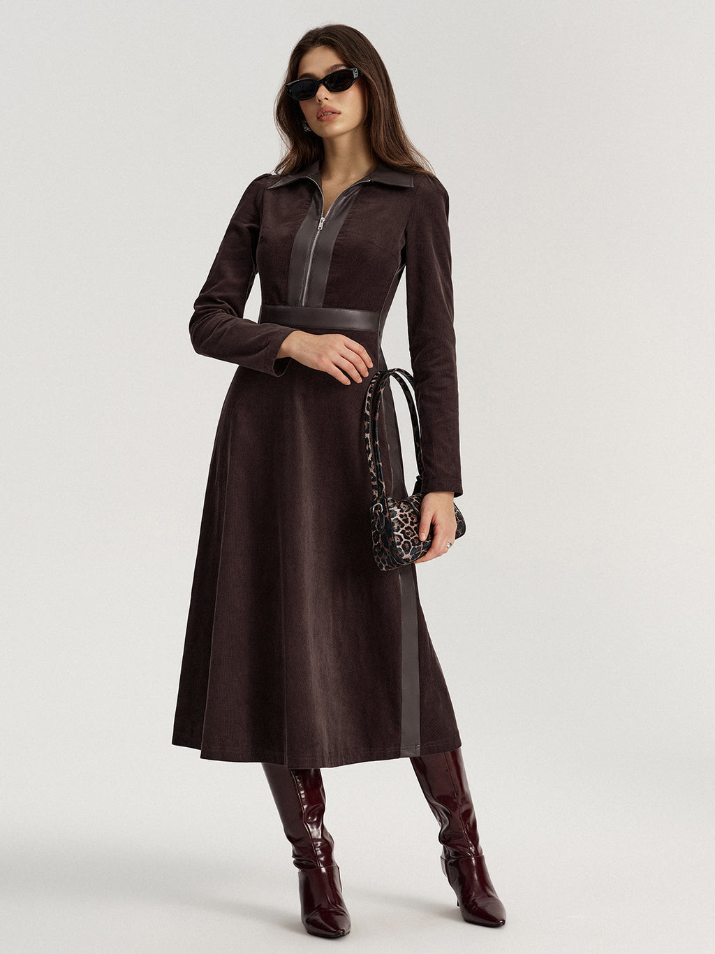 Corduroy Midi Dress with Faux Leather Detail